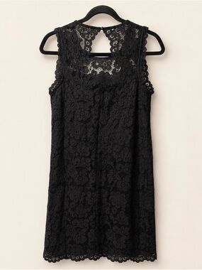 Black Floral Lace Sleeveless Shift Dress – Elegant Sheer Detail